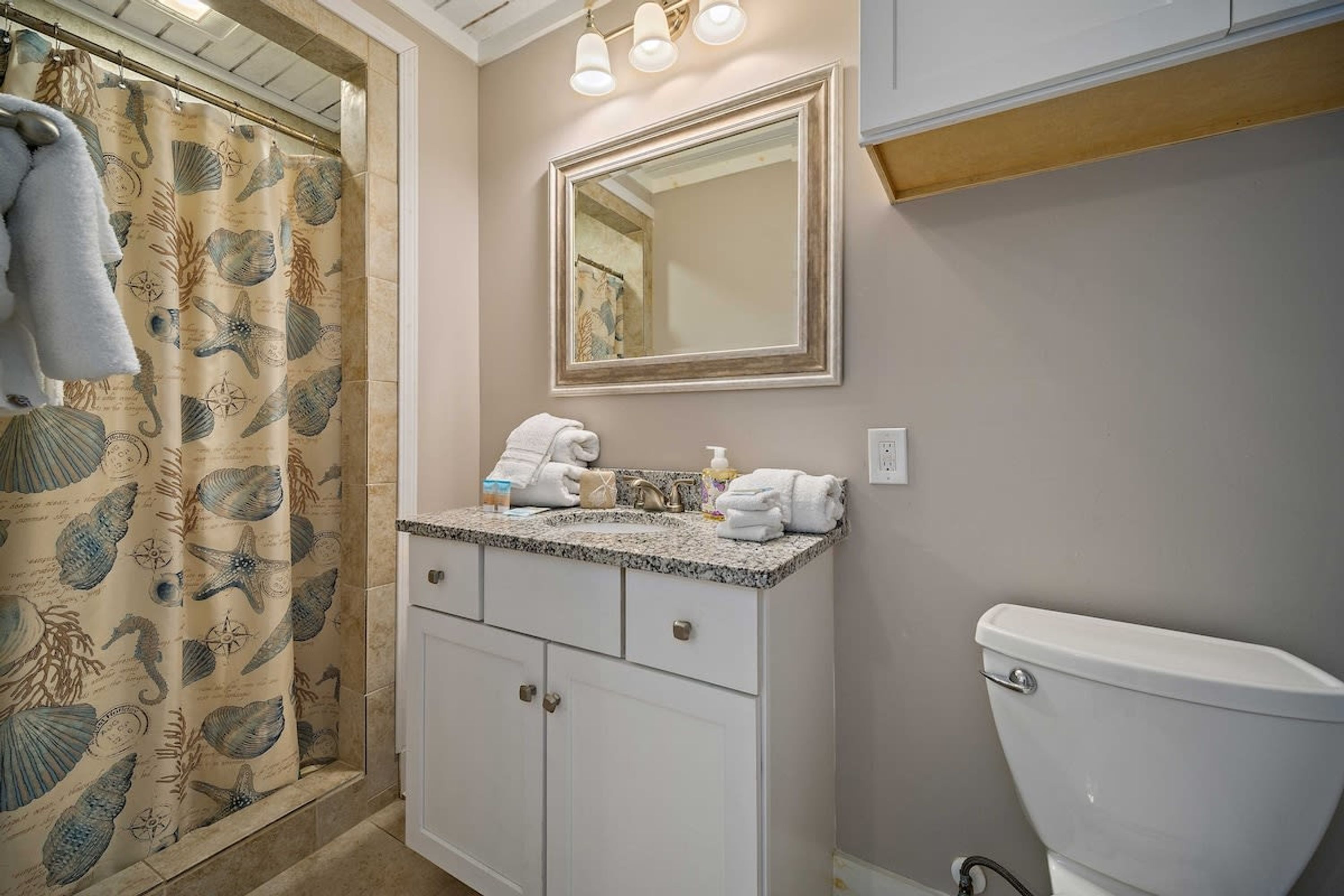 Un baño con cortina de ducha con estampado de conchas marinas, un lavabo con espejo y un inodoro.