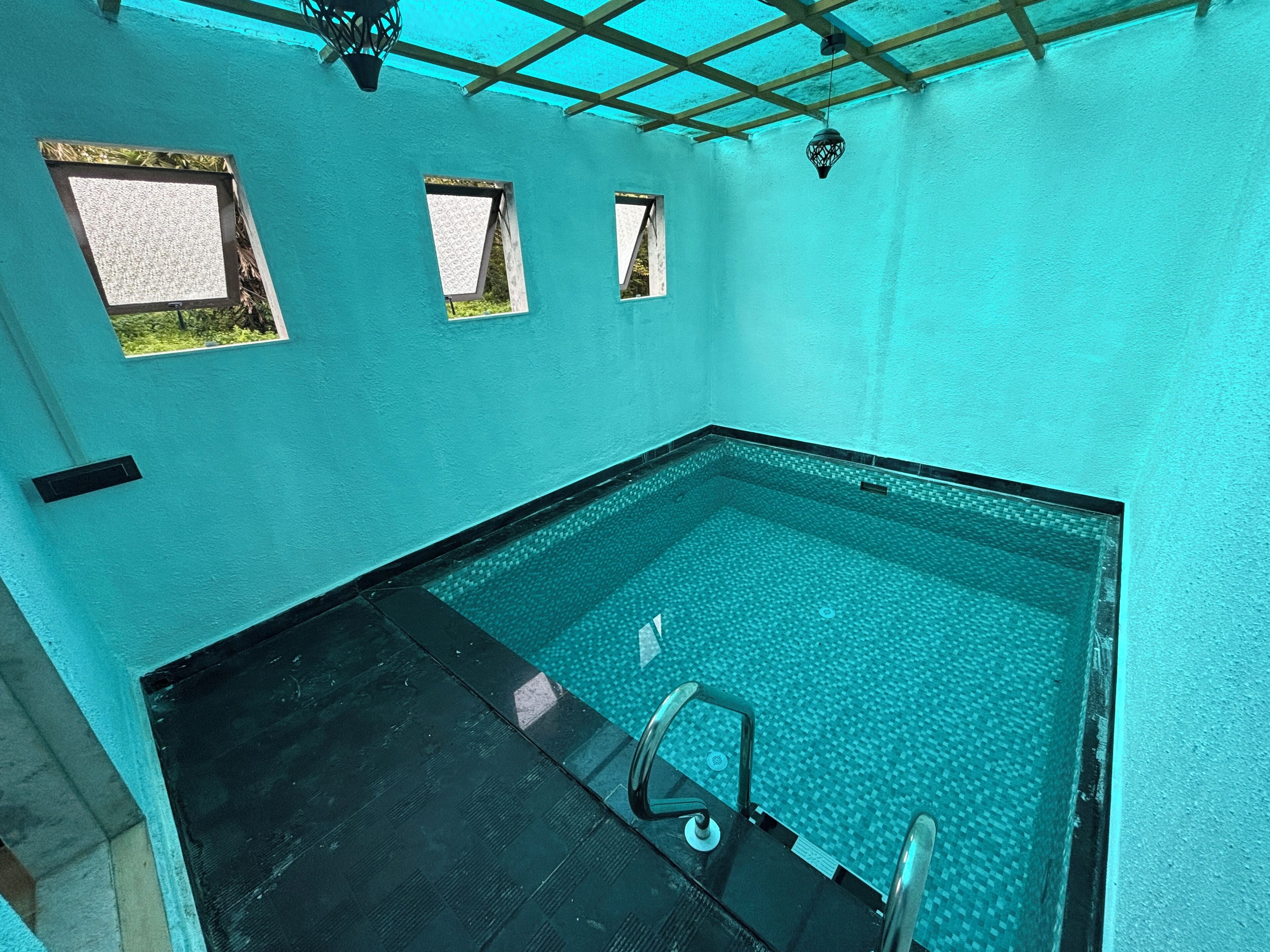 A swimming pool with a tiled floor and a ladder leading into the water. There are three windows with views of greenery outside.
