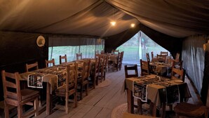 A tented dining area with tables and chairs, a hanging light fixture, and a view of the outdoors.