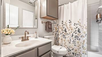 Hair dryer, towels, soap, toilet paper