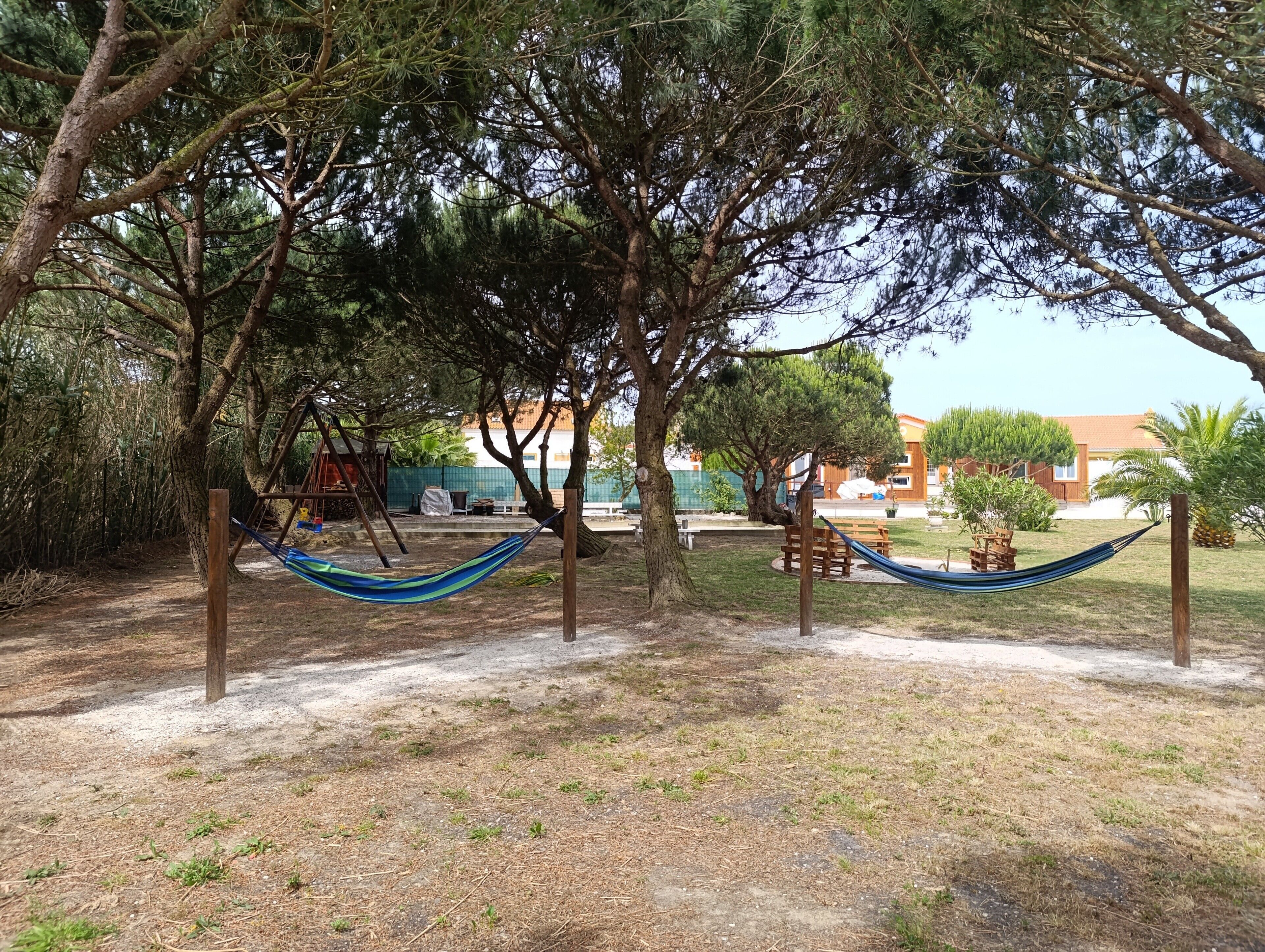 A hammock between trees in a park area with a playground and buildings in the background.