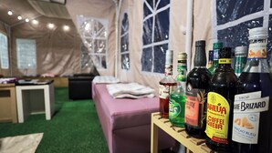 Une pièce aménagée avec une tente, un lit, une petite table avec des bouteilles et une fenêtre donnant sur les arbres.
