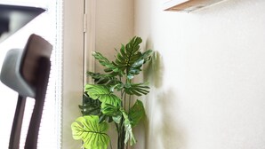 Un rincón de habitación con suelo de madera, una planta en maceta, una silla y una pared con interruptor de luz y un estante pequeño.