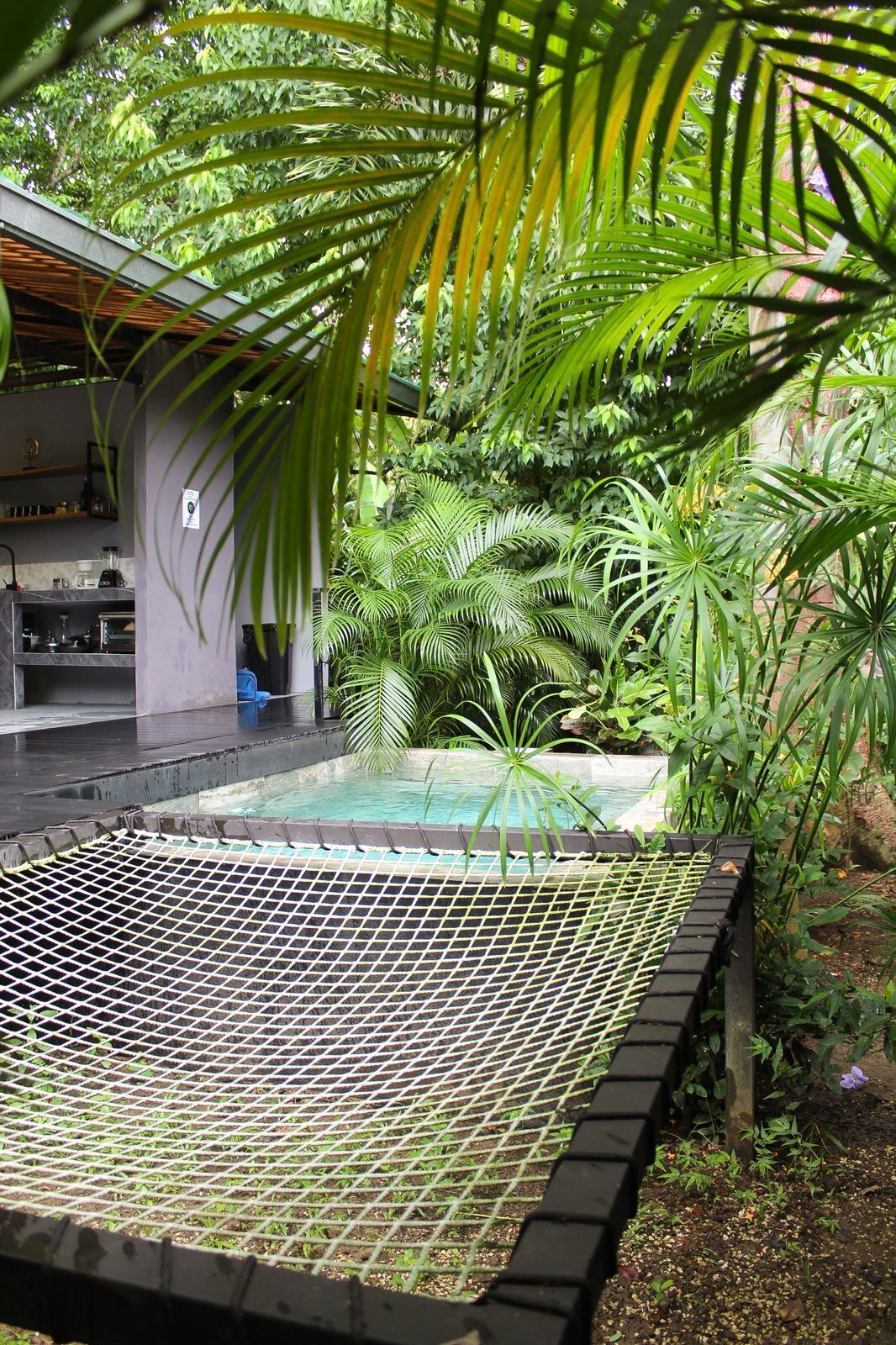 A pool area with a metal safety net, surrounded by lush greenery and a building with a gray exterior.