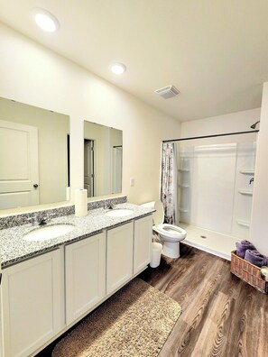 Shower, towels, toilet paper