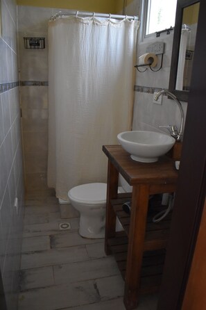 Regadera, secadora de cabello, toallas, papel de baño 