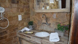 A bathroom with a stone wall, a sink, a mirror, a towel, a plant, and a decorative item on the countertop. - Argentina, Mountain Lodge (El Calafate)