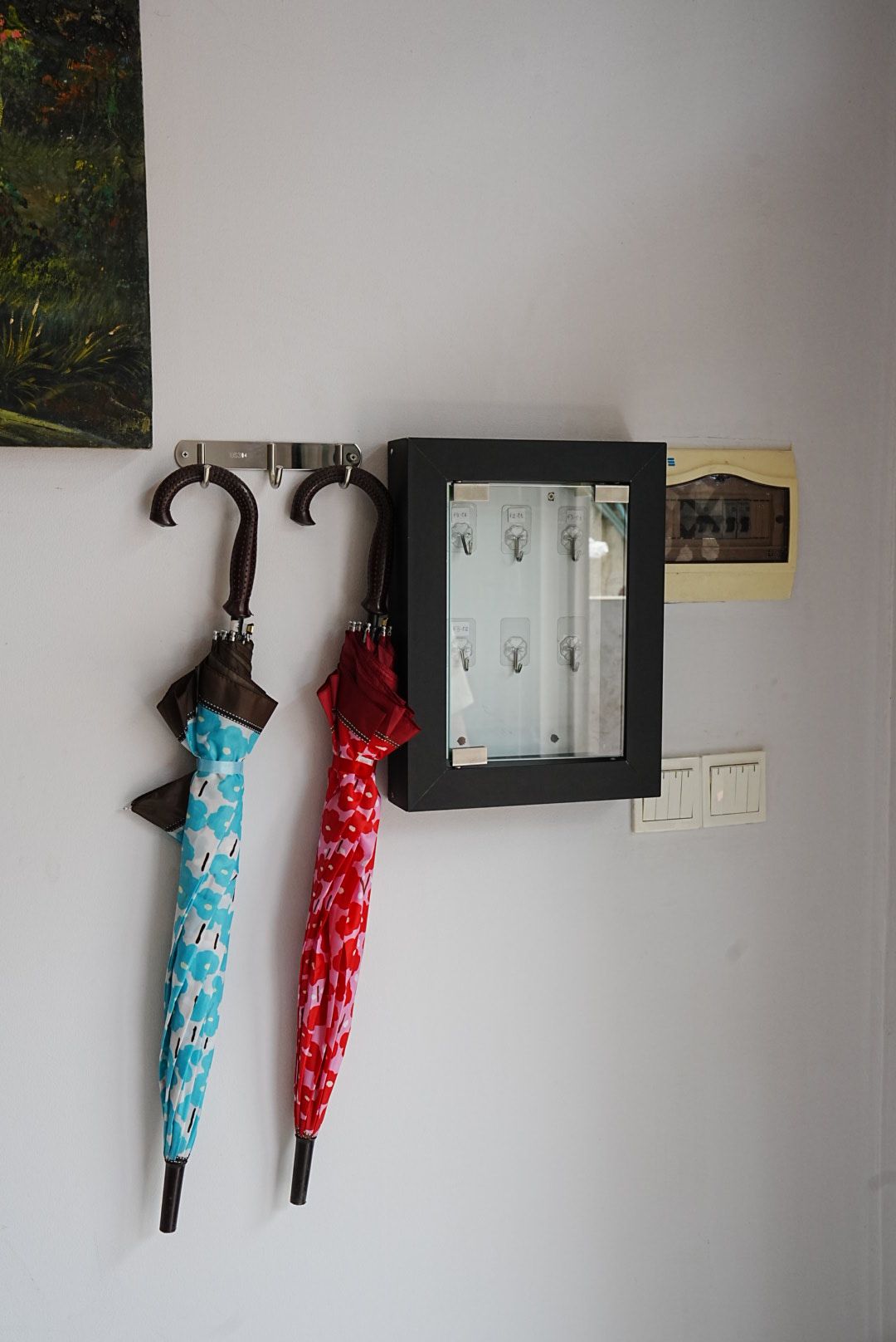 A wall-mounted coat rack with two umbrellas and a framed picture.