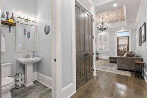 Shower, hair dryer, towels, shampoo