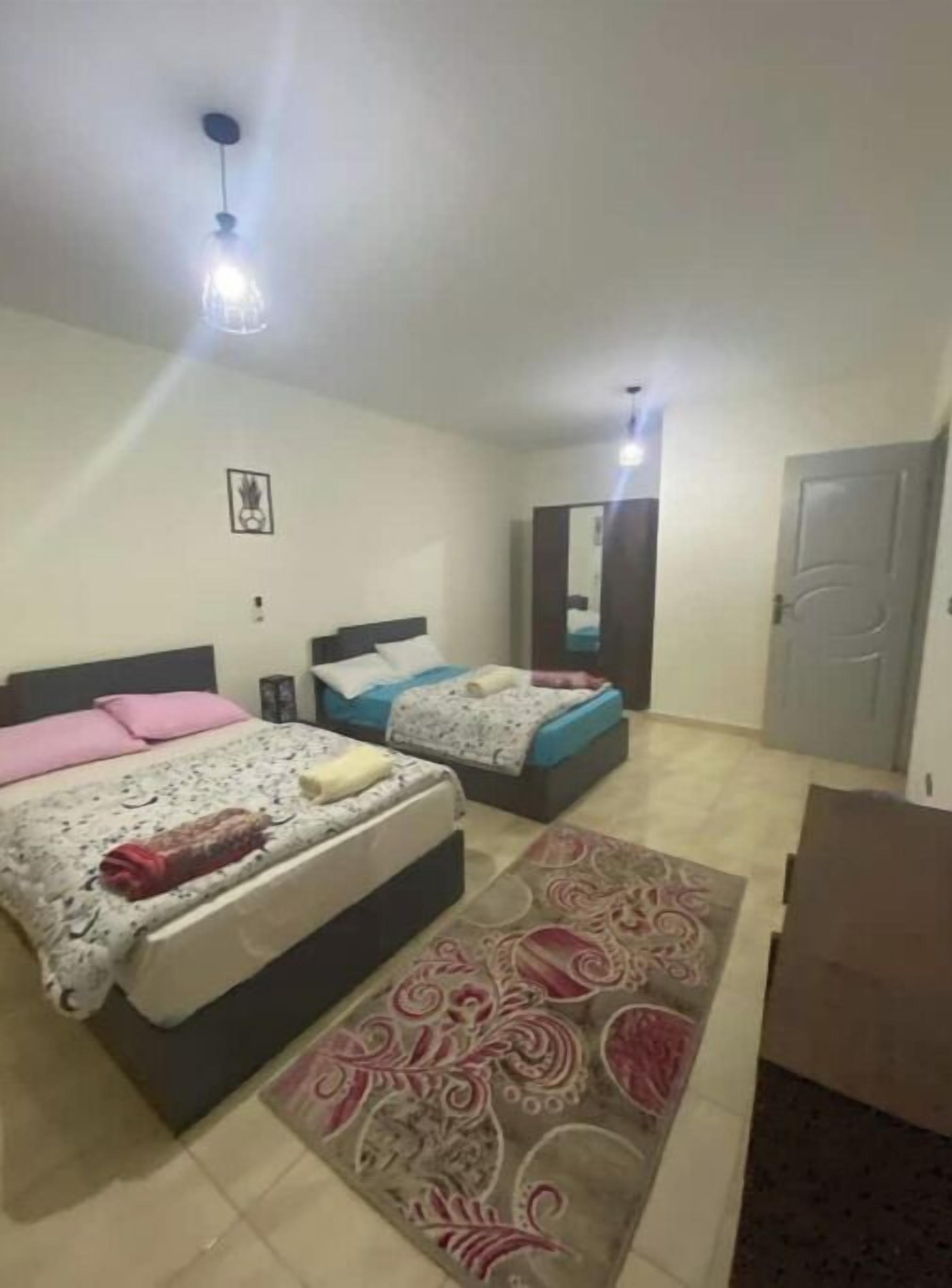 A bedroom with two beds, a mirror, a door, and a patterned rug.