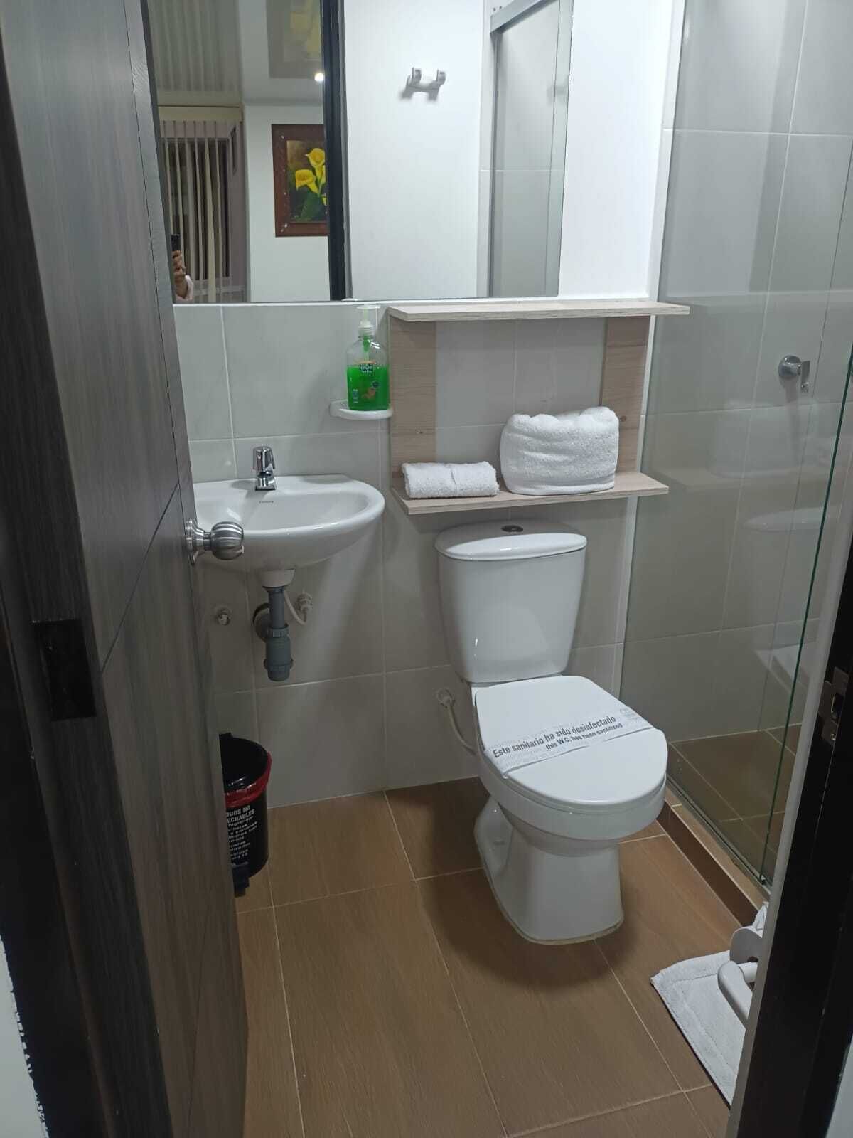 A compact bathroom with a toilet, sink, and glass shower enclosure.
