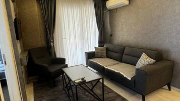 A modern living room with a sofa, a coffee table, and a TV.
