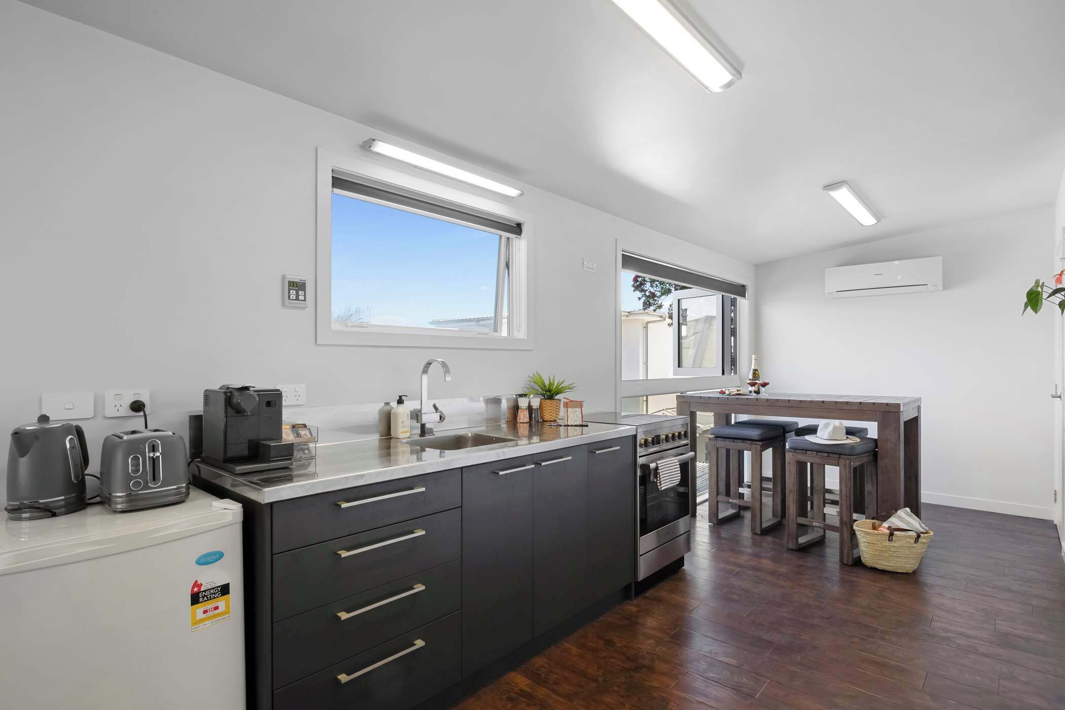 Fridge, microwave, stovetop, electric kettle