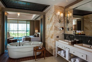 Jetted bath, hair dryer, towels, soap