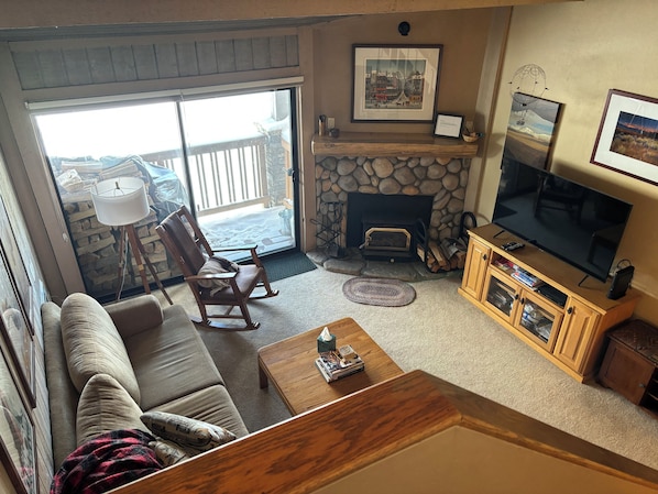 Smart TV, fireplace, video games, DVD player