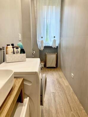 Shower, hair dryer, bidet, towels