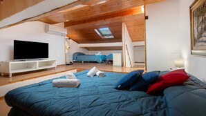 Een slaapkamer met een groot bed, een televisie, dakraam en een schilderij aan de muur.
