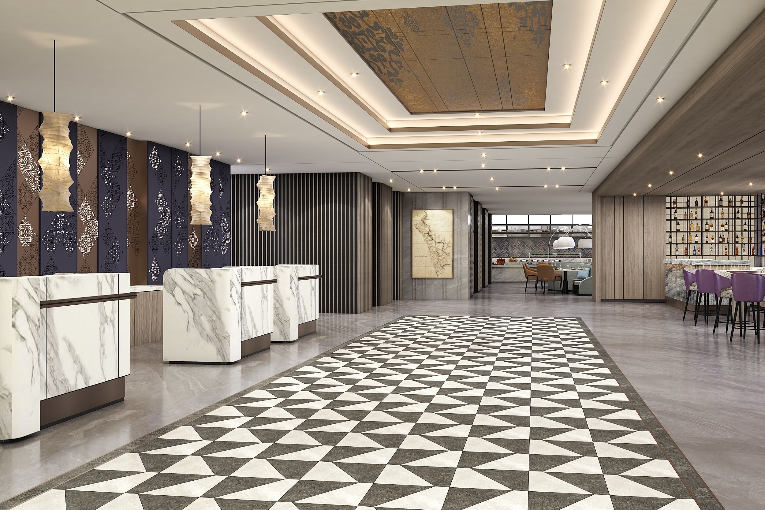 Un hall d’hôtel moderne avec un comptoir d’accueil en marbre, un sol à motifs géométriques et une grande carte affichée au mur.