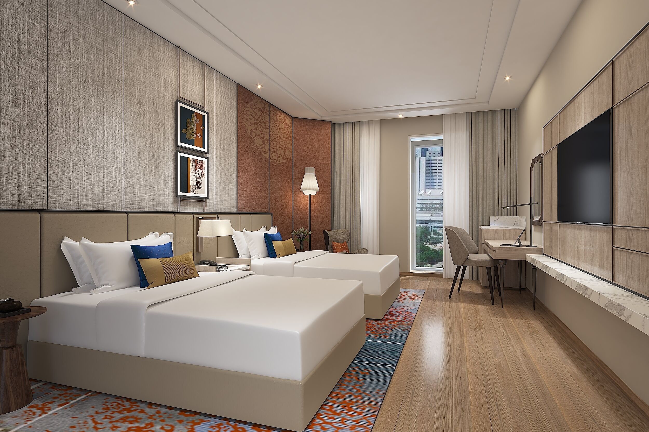 A modern hotel room with two beds, a desk, and a TV.