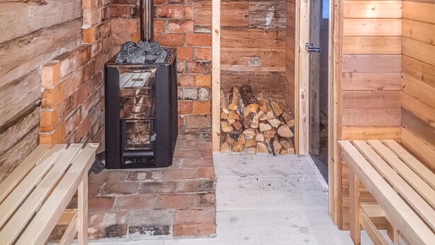 A log cabin interior with a wood-burning stove, a brick wall, and a wooden door.