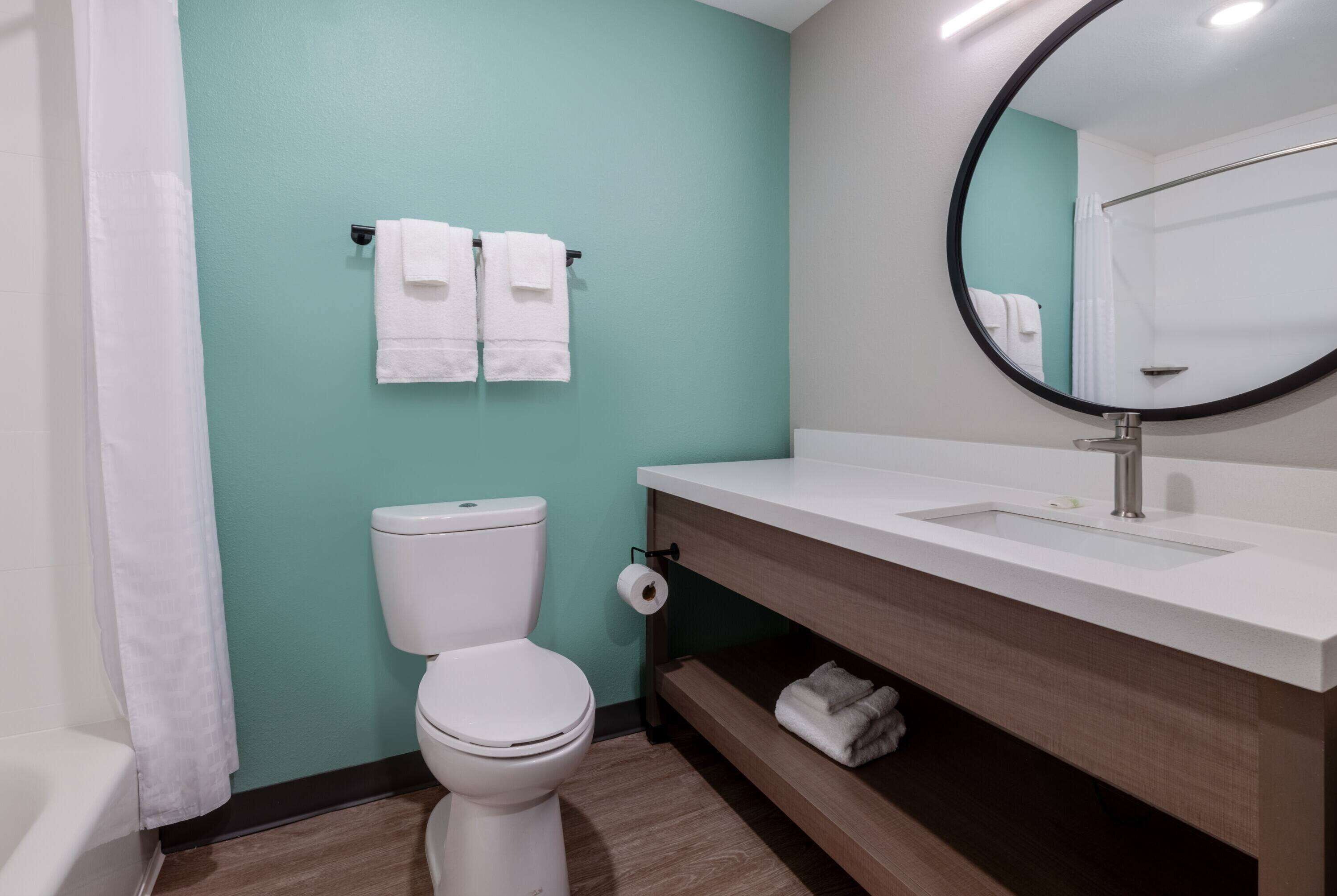 A bathroom with a toilet, a sink, and a mirror.