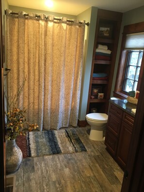 Hair dryer, towels, soap, toilet paper
