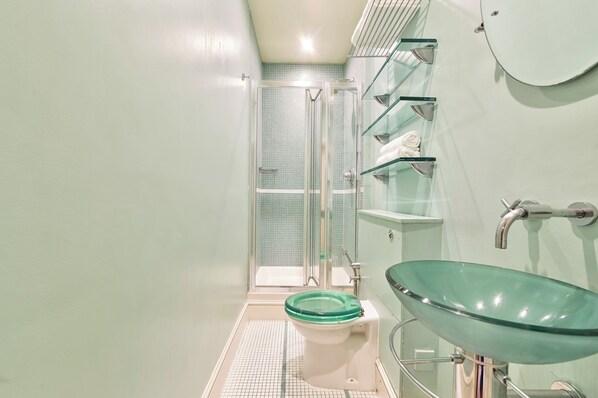 Shower, hair dryer, bidet, towels