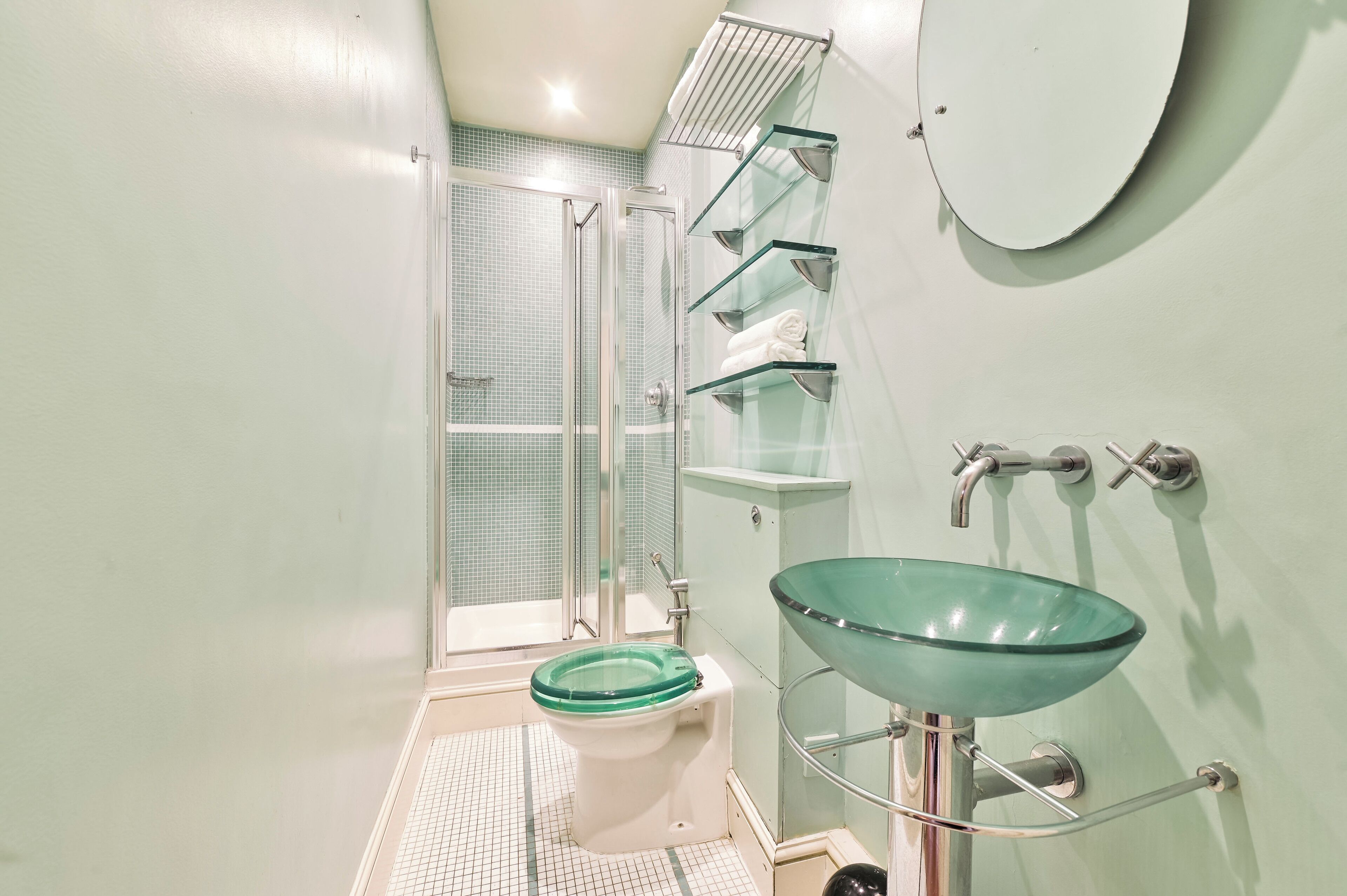 Shower, hair dryer, bidet, towels