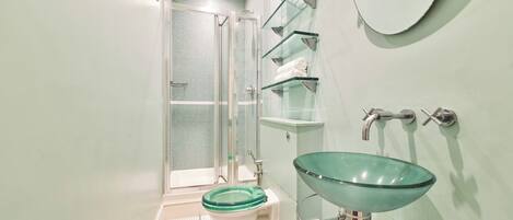Shower, hair dryer, bidet, towels