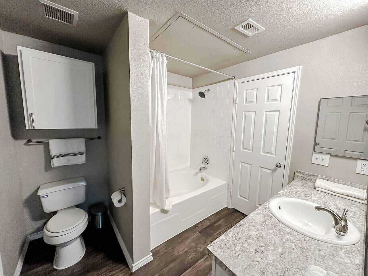 Hair dryer, towels, soap, toilet paper