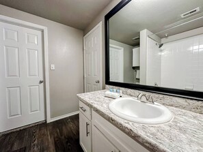 Hair dryer, towels, soap, toilet paper