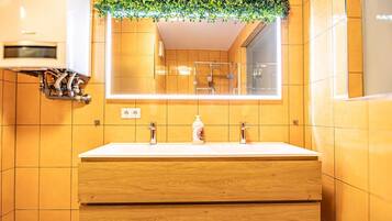 Shower, hair dryer, shampoo