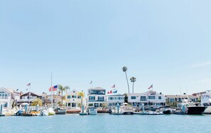 A marina with multiple boats docked, surrounded by residential buildings with American flags.