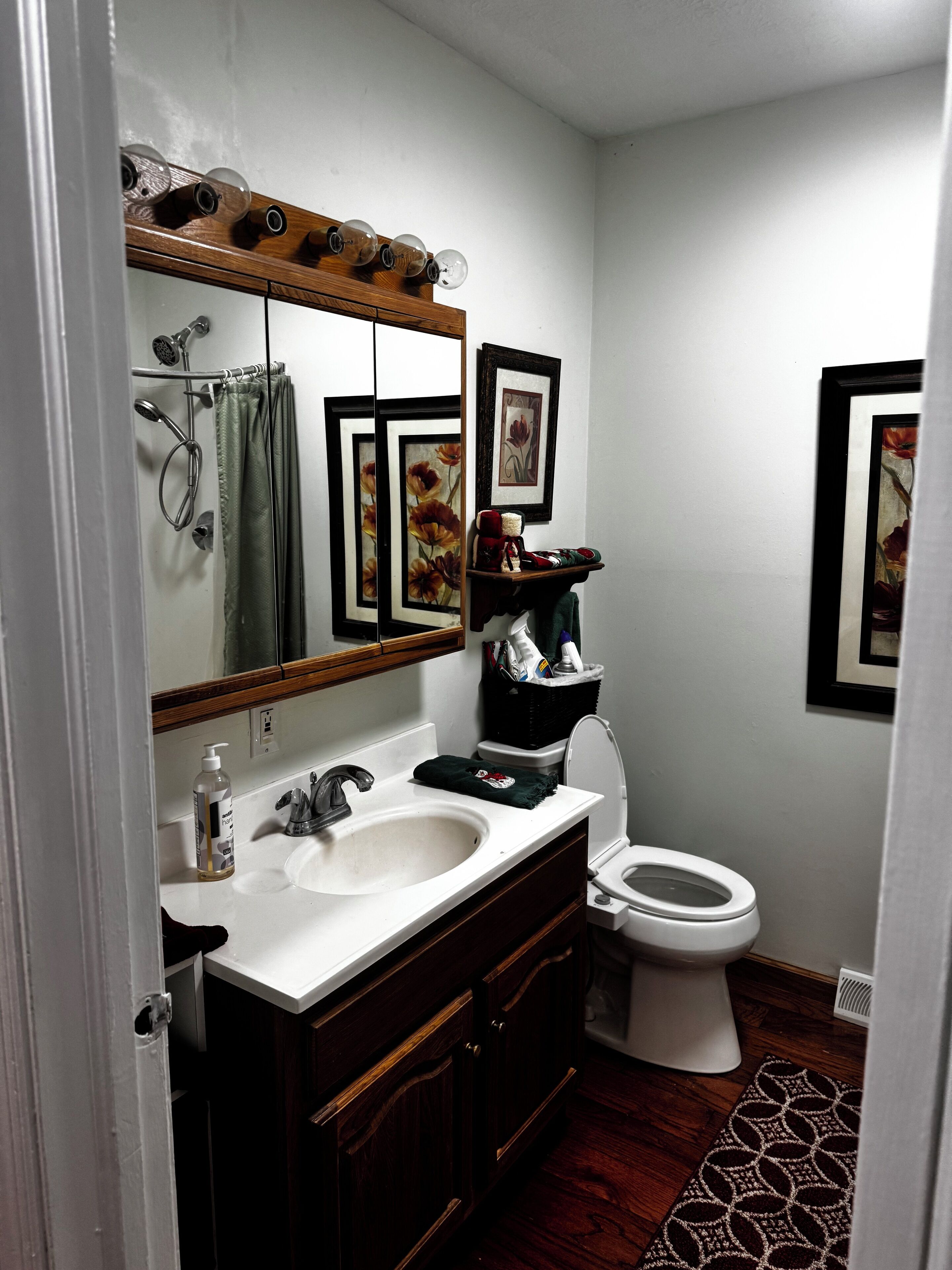 Une salle de bain avec un lavabo blanc, un meuble-lavabo en bois foncé, un miroir avec un cadre en bois, des toilettes et des œuvres d’art encadrées accrochées aux murs.