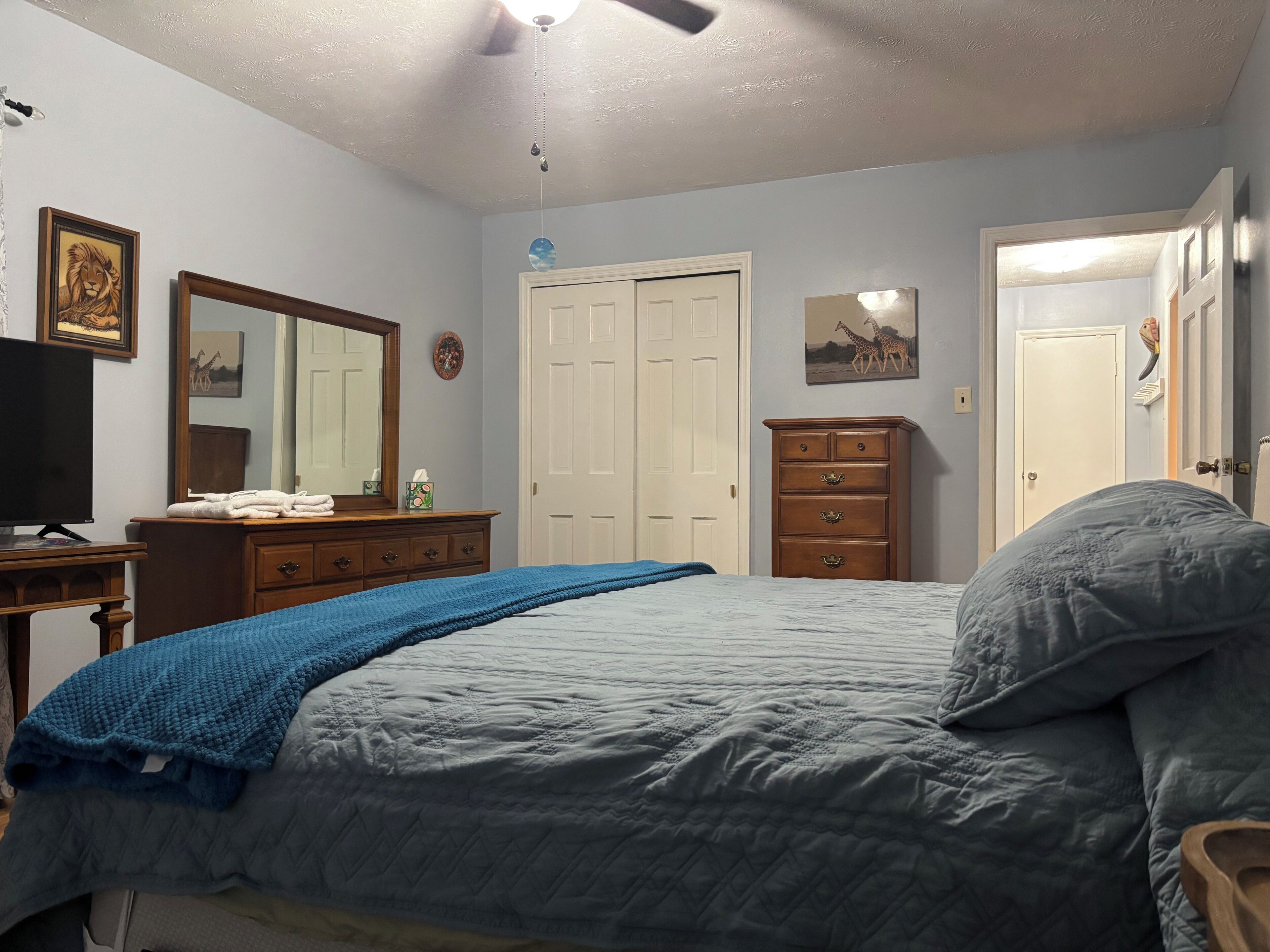 Une chambre à coucher comprenant un lit, une commode, un miroir et un ventilateur de plafond.