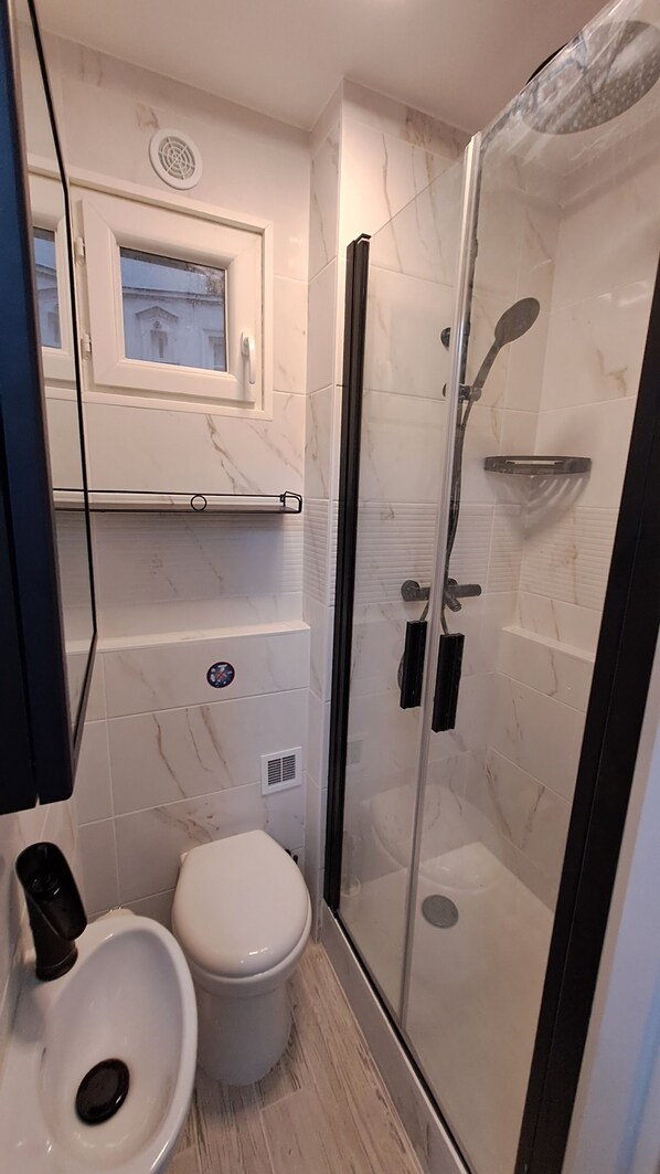 Shower, hair dryer, towels, soap