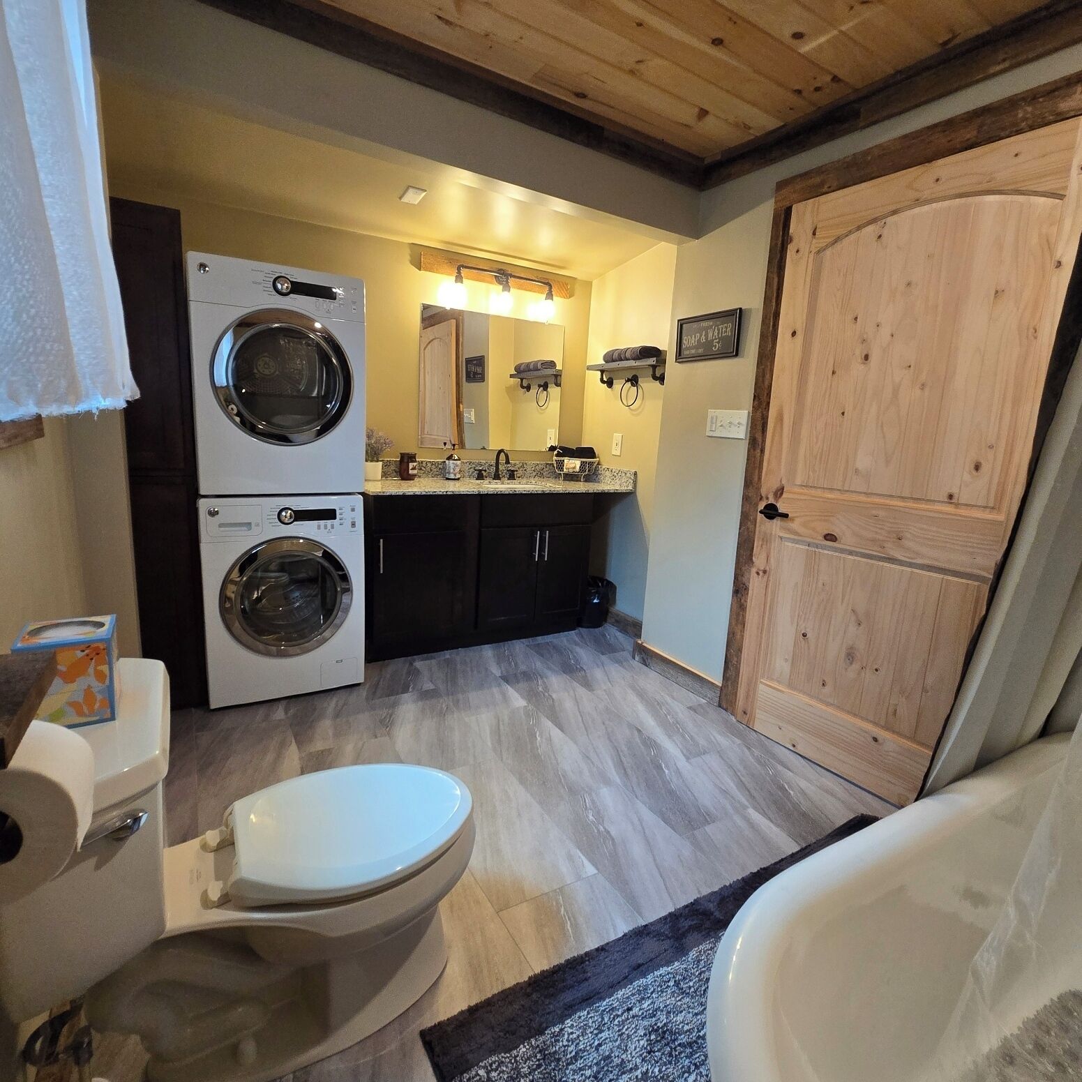 Hair dryer, towels, soap, shampoo