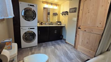 Hair dryer, towels, soap, shampoo