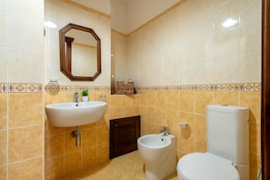 A bathroom with a sink, bidet, toilet, and a mirror. - Bed and Breakfast 'Tripla' with Mountain View, Private Garden and Air Conditioning (Giave)