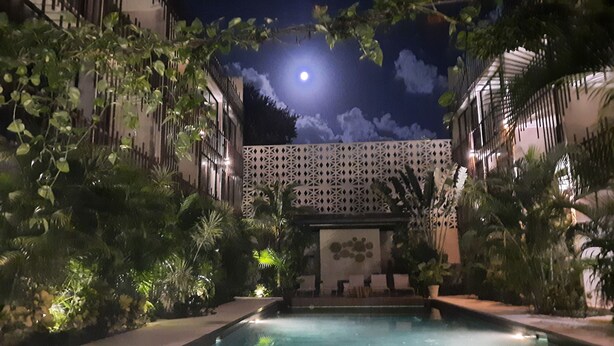 A nighttime pool area with a moon in the background, surrounded by lush greenery and a decorative wall. - Beautiful & Fully Equipped Condo Studio Strategically located (Tulum)