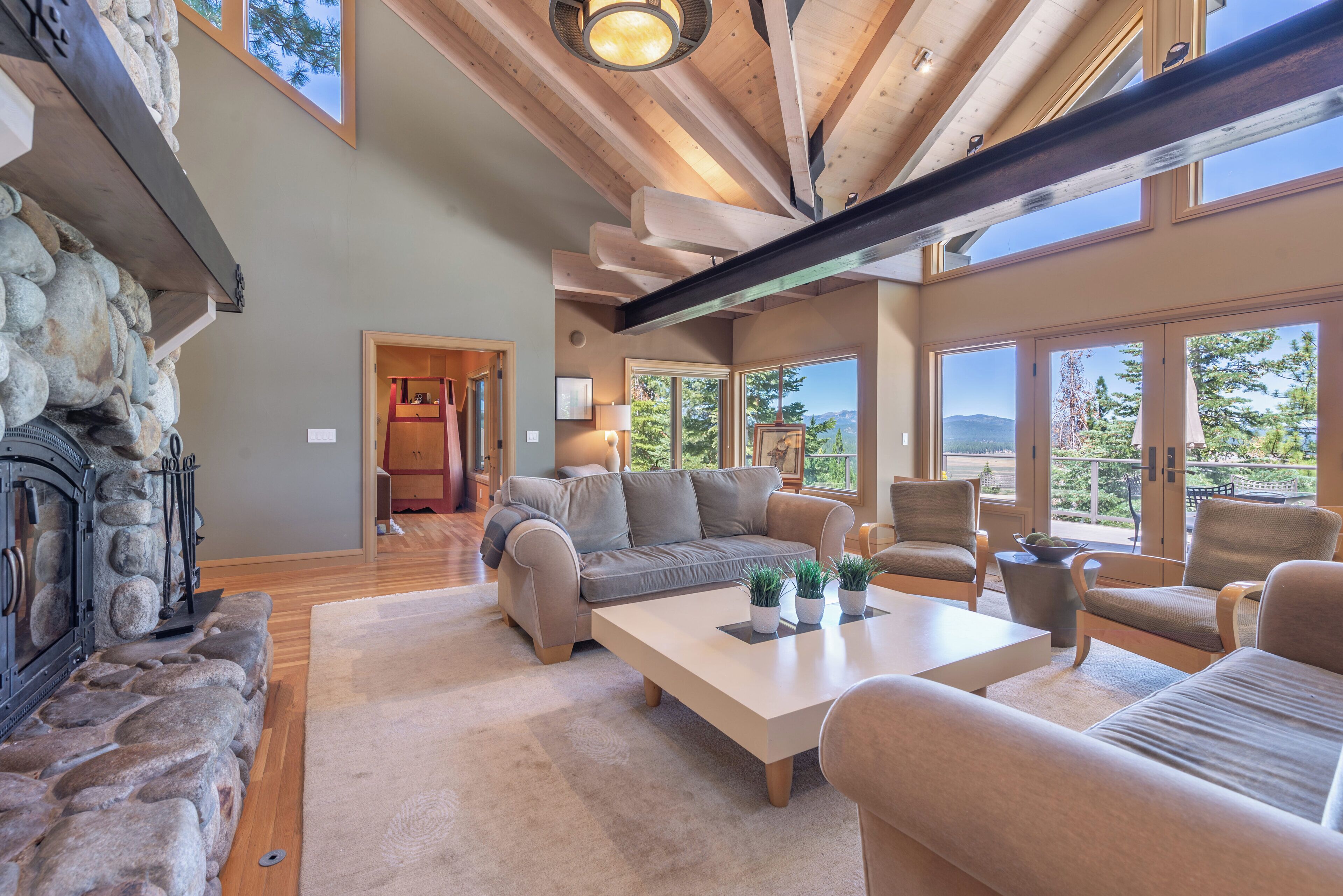 Smart TV, fireplace, table football, books