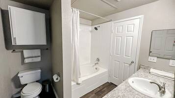 Hair dryer, towels, soap, toilet paper