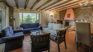 Una sala de estar acogedora con chimenea de piedra, vigas de madera y un amplio ventanal con vistas a la vegetación.