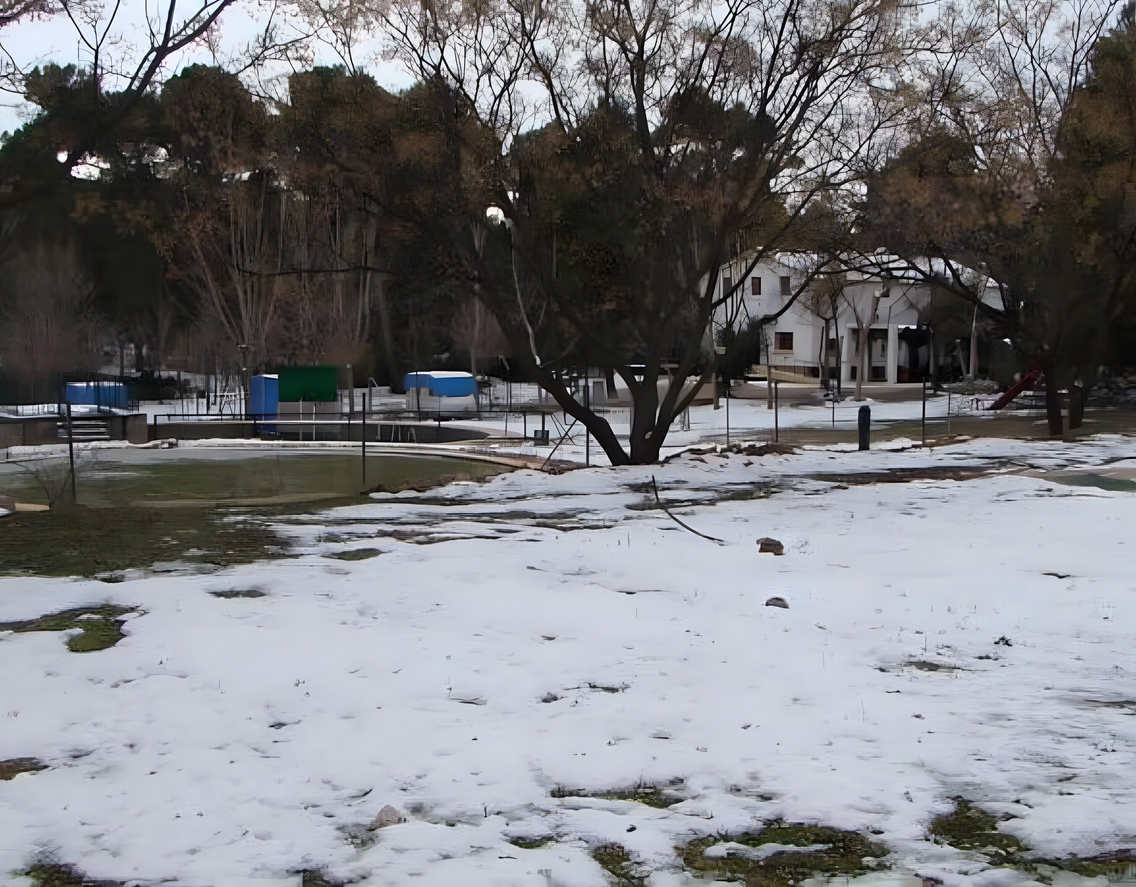 Een park met een met sneeuw bedekte grond, bomen en een gebouw op de achtergrond.