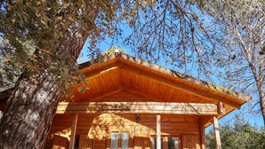 Une cabane en bois dotée d’un porche couvert, d’une porte bien visible et d’une enseigne indiquant « El Charco ».