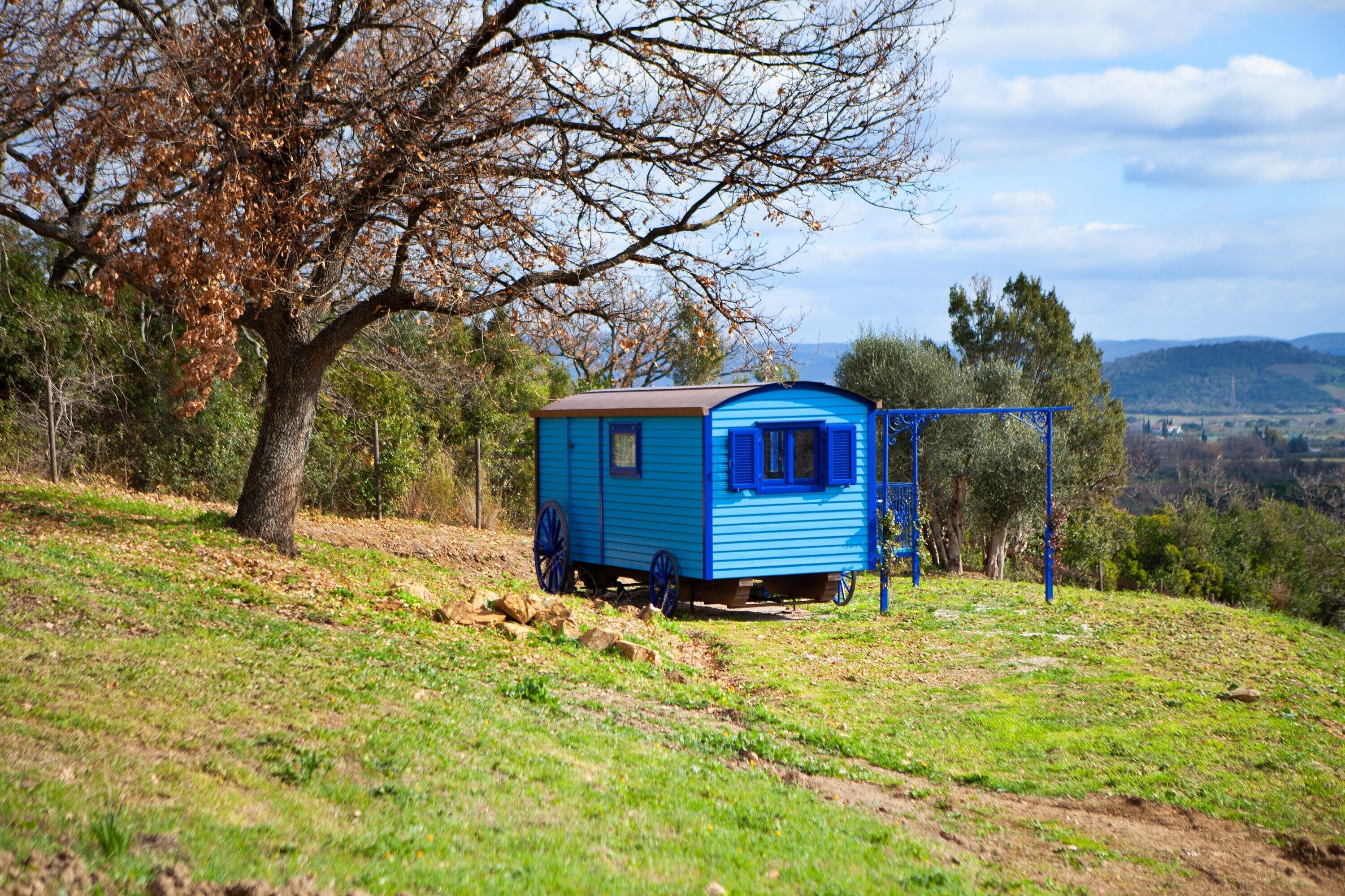 A small blue caravan with a brown roof, situated on a grassy hill with a tree and a blue metal structure nearby.
