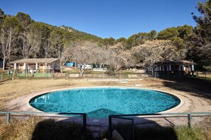 A swimming pool with a surrounding fence, trees, and buildings in the background.