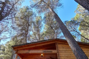 Una cabaña de madera con un letrero que dice '105 Pinarees' y vistas de árboles altos.