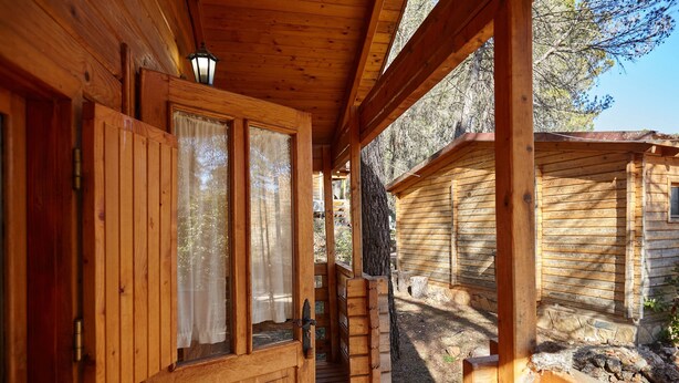 A wooden cabin with a porch, a door with a window, and a ladder leading to a deck.