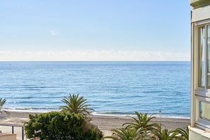 A coastal view with a beach, palm trees, and a building with large windows.